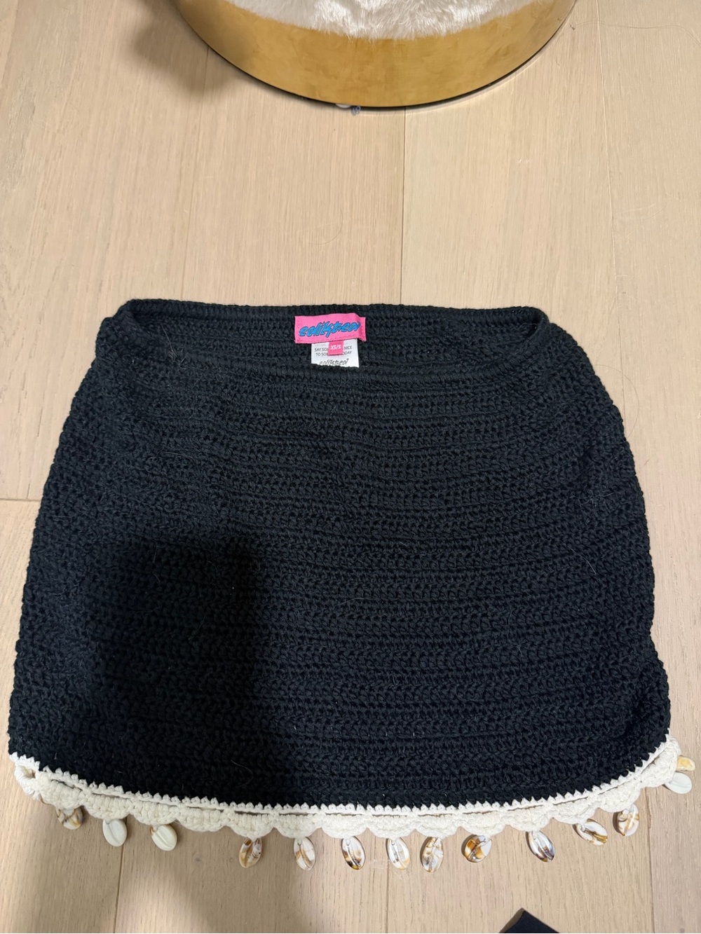 Edikted Black Crochet Mini Skirt with White Shell Fringe